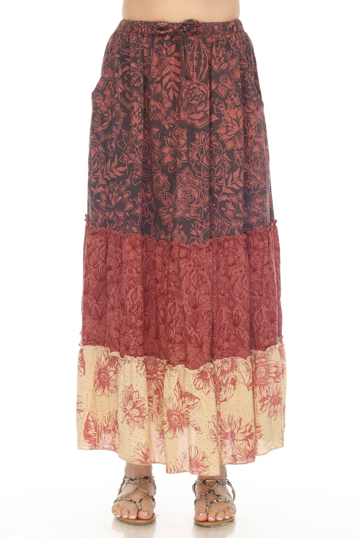 Cactus Garden Tiered Maxi Skirt with elastic drawstring waist and side pocket in 100% viscose, tiered floral print design, made in Nepal.