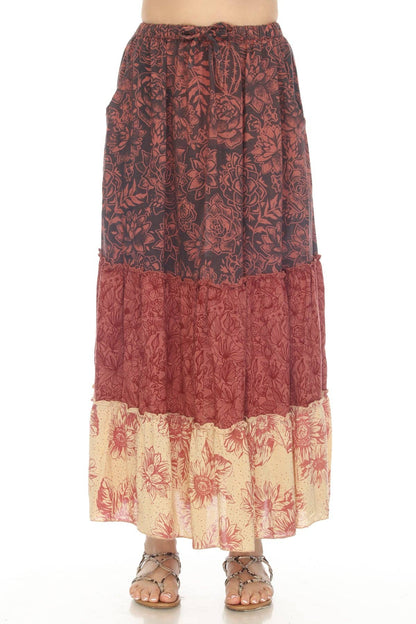 Cactus Garden Tiered Maxi Skirt with elastic drawstring waist and side pocket in 100% viscose, tiered floral print design, made in Nepal.