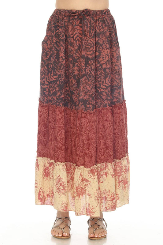Cactus Garden Tiered Maxi Skirt with elastic drawstring waist and side pocket in 100% viscose, tiered floral print design, made in Nepal.