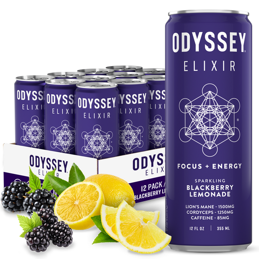 Blackberry Lemonade 85mg sparkling mushroom energy drink with Lion’s Mane, Cordyceps, caffeine, blackberries, and lemon