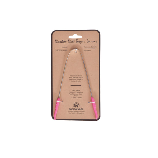 Stainless steel tongue cleaner with pink handles on eco-friendly packaging for effective tongue cleaning and fresh breath.