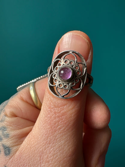 Sterling silver ring with amethyst gemstone and lotus flower design symbolizing growth and spiritual awakening