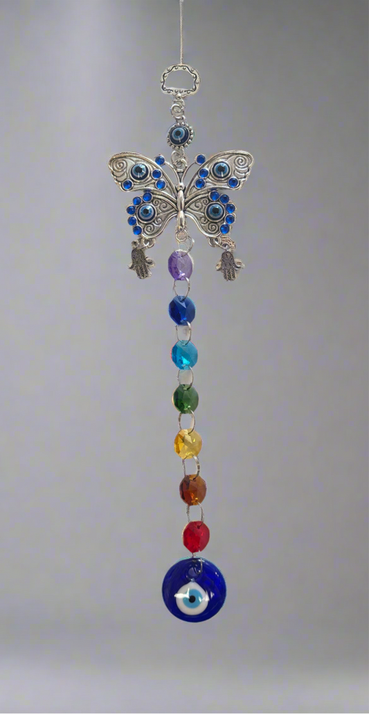 Hanging Evil Eye Chakra Butterfly with colorful chakra beads and protection symbol