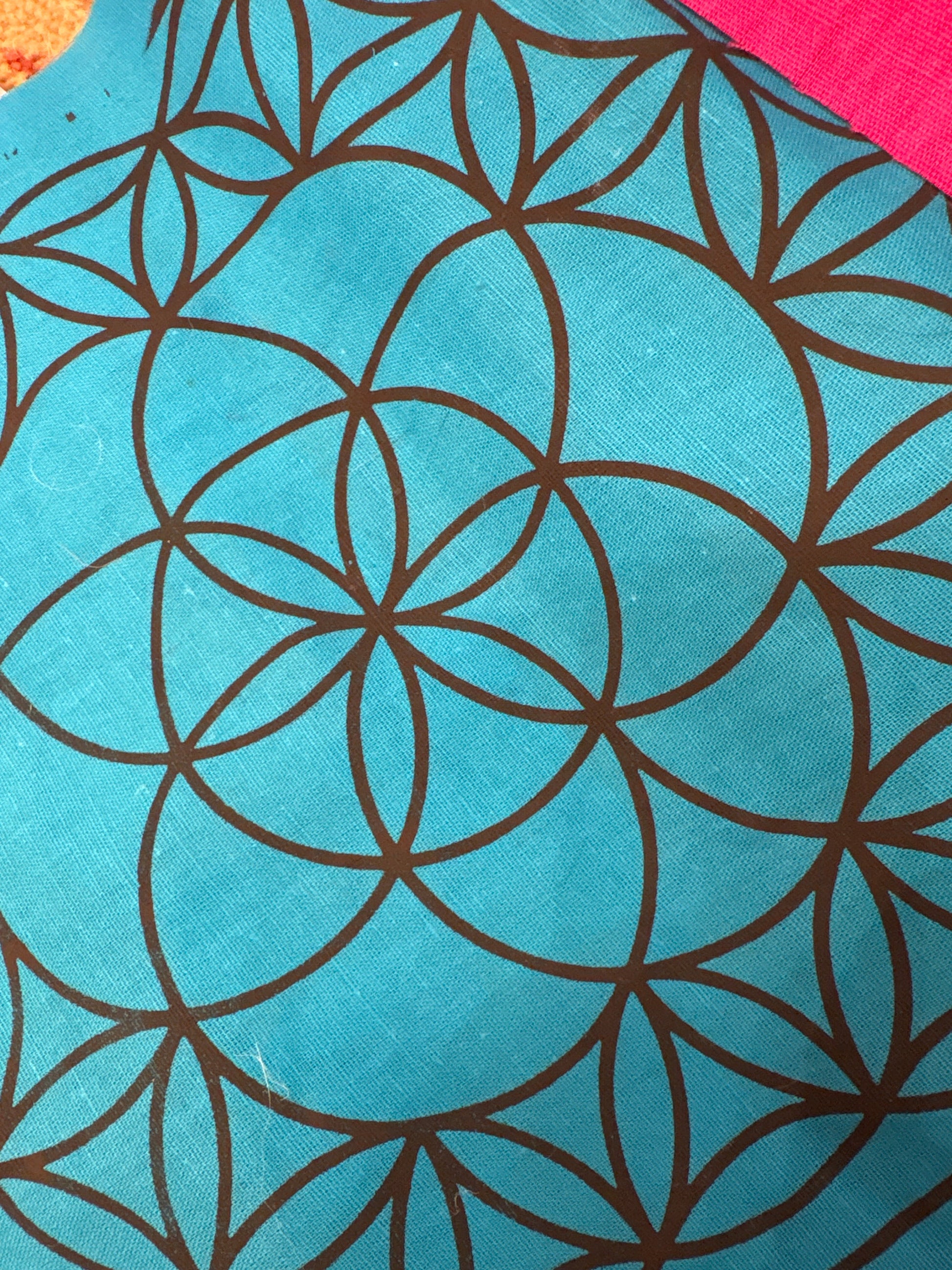 Blue prayer flag featuring the Flower of Life geometric pattern, Life Prayer Flag design