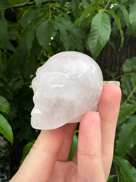 Hand holding a carved rose quartz crystal shaped like an alien head against green foliage background