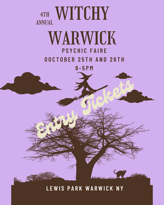Witchy Warwick Entry Ticket with witch silhouette flying over tree and cat at Lewis Park Warwick NY event details October 25th and 26th 9-5pm
