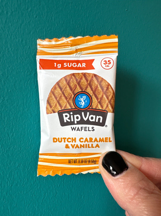 Rip Van Wafels minis Dutch Caramel & Vanilla small waffle snack pack with 1g sugar and 35 calories