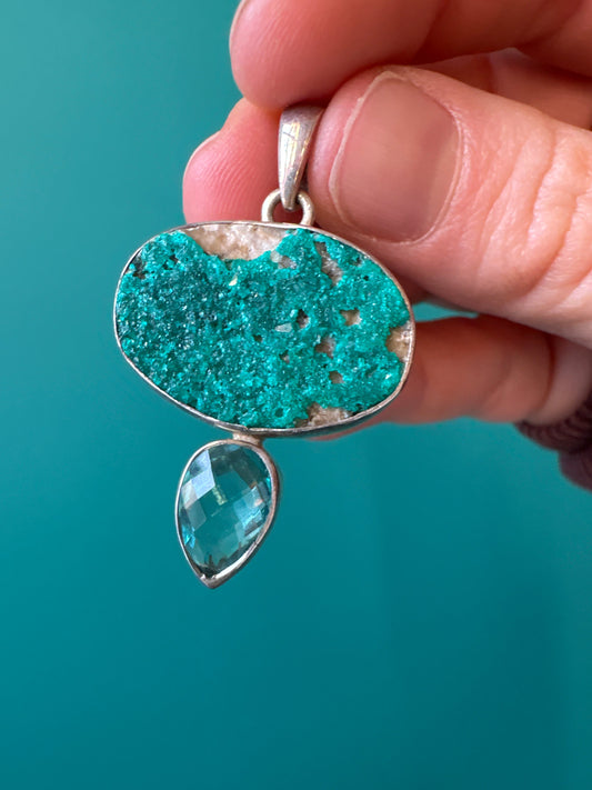 Handcrafted Blue Quartz Pendant with rare dioptase stone for emotional healing and clarity