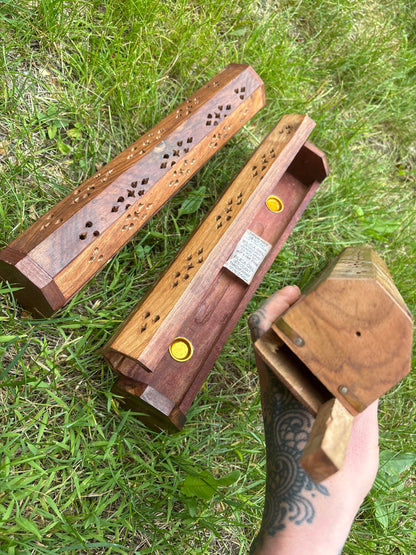 Wooden Coffin Incense Burner with Hidden Storage Compartment