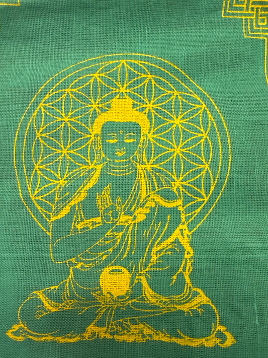 Green Buddha prayer flag with yellow Buddha illustration and geometric halo design