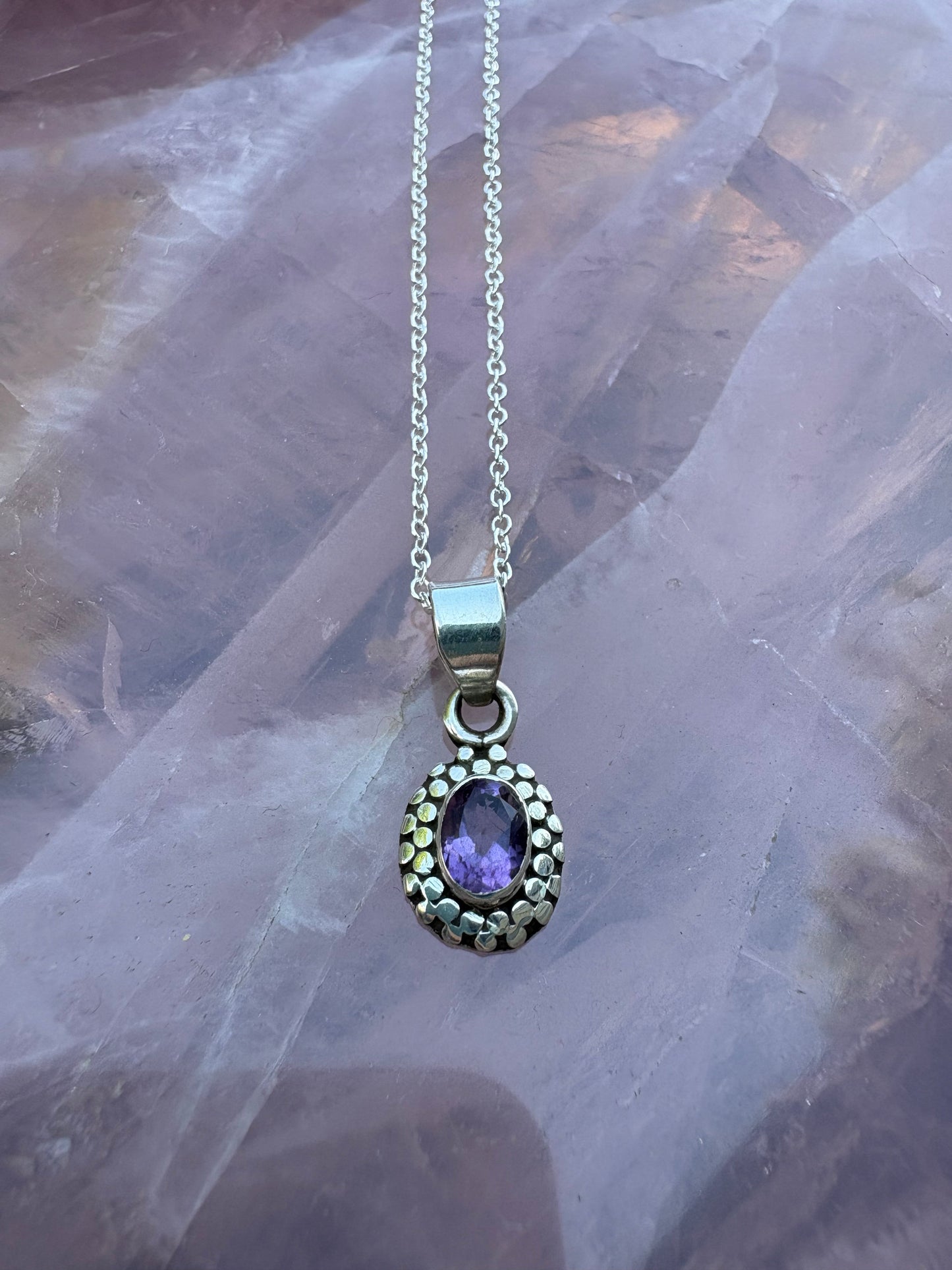 Sterling silver Amethyst Engraved Pendant with oval purple amethyst gemstone on chain