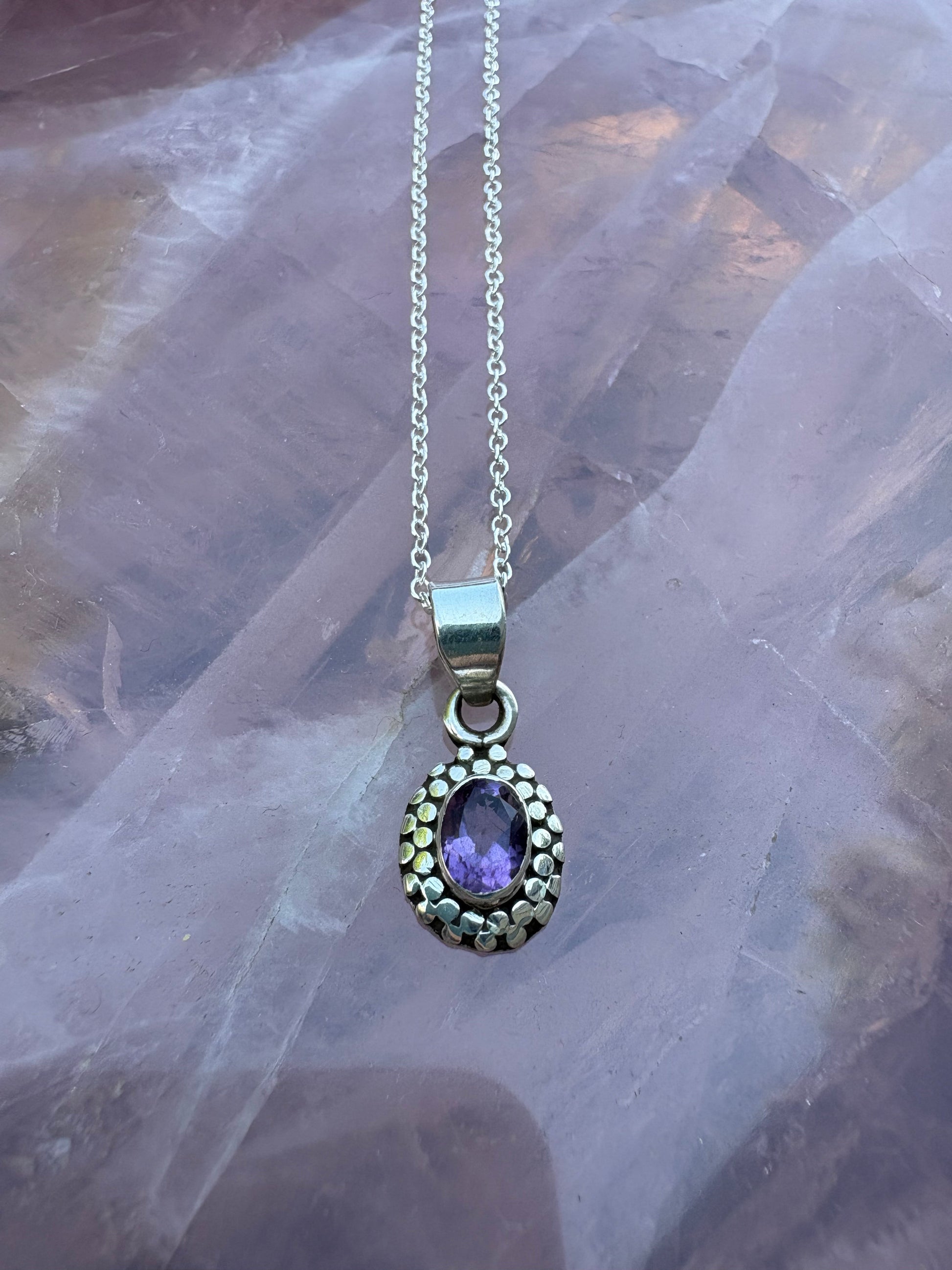 Sterling silver Amethyst Engraved Pendant with oval purple amethyst gemstone on chain