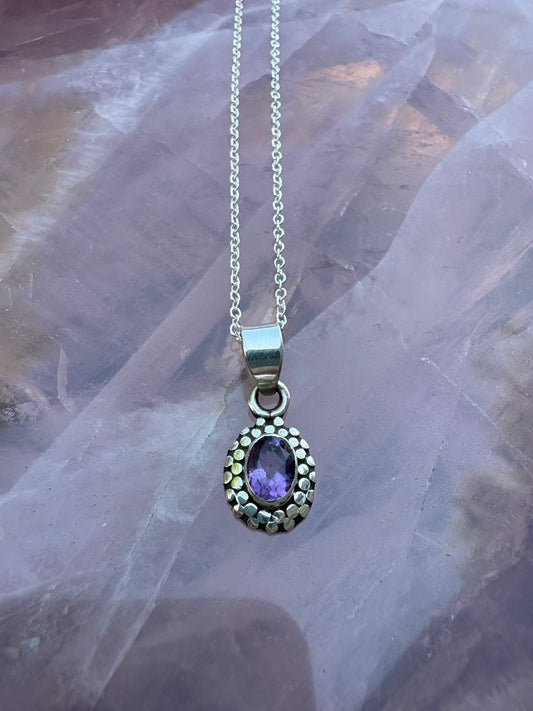 Sterling silver Amethyst Engraved Pendant with oval purple amethyst gemstone on chain