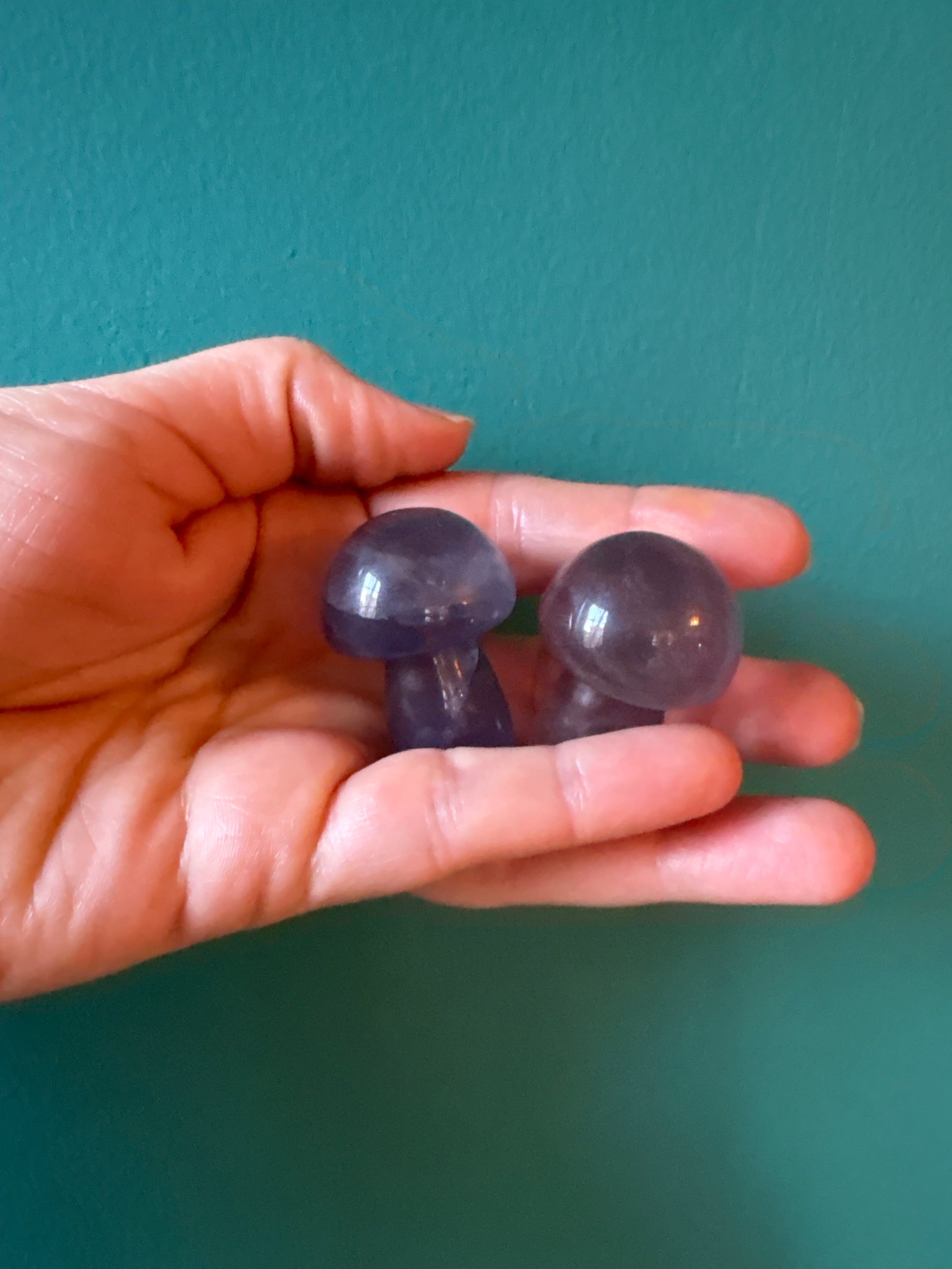 Hand holding two polished mushroom-shaped fluorite stones with green and purple hues against a teal background