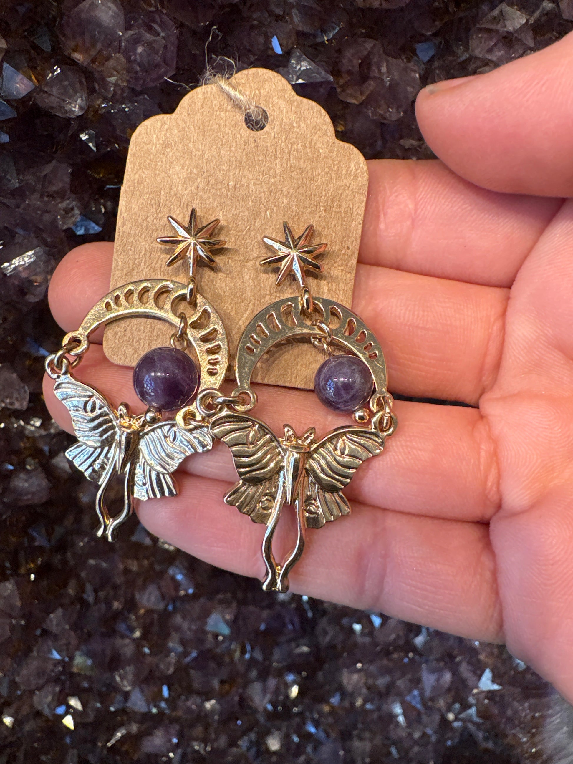 Luna moth gold stone earrings with amethyst