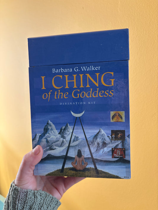 I Ching of the Goddess preloved divination kit with mountain artwork and moon crescent on blue box