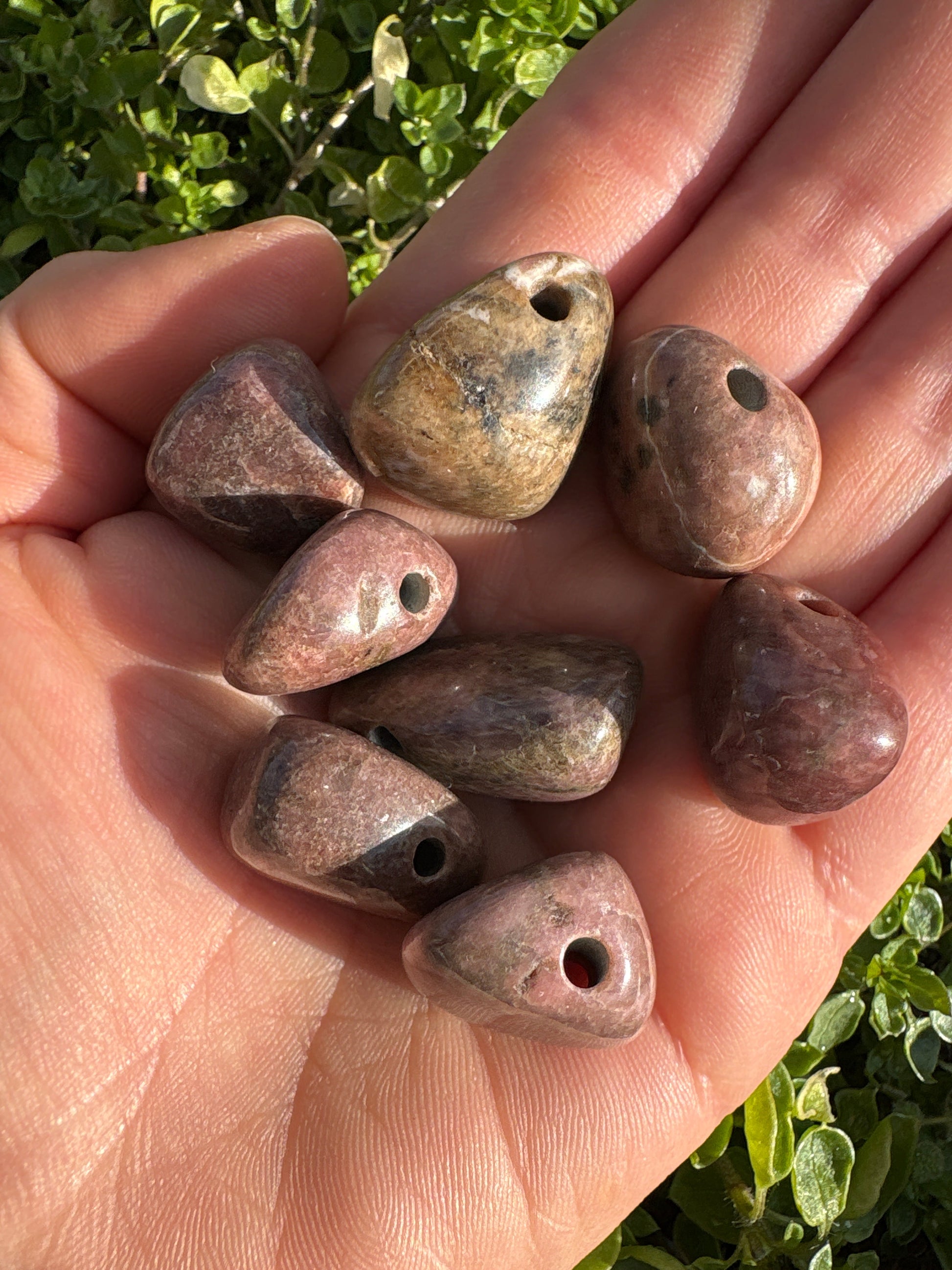 Hand holding multiple polished Rhodonite pendant stones with holes for stringing, outdoors with green foliage background