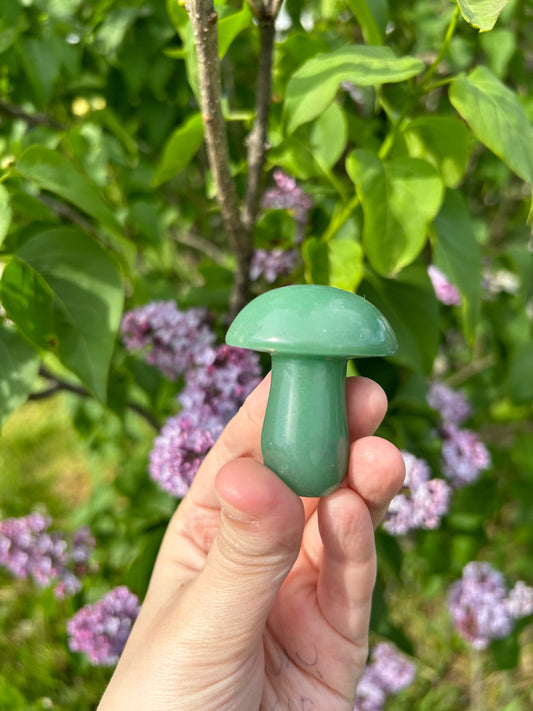 Hand holding a smooth polished mushroom-shaped green aventurine stone with green leaves and purple flowers in the background