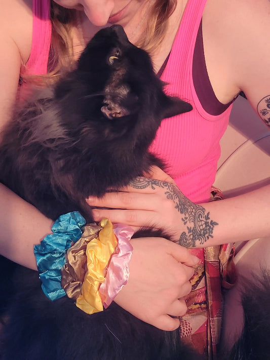 Colorful silk scrunchies on wrist with person holding black cat