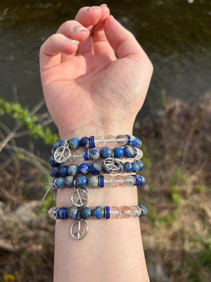 Lapis Lazuli and Clear Quartz Peace Sign Bracelet