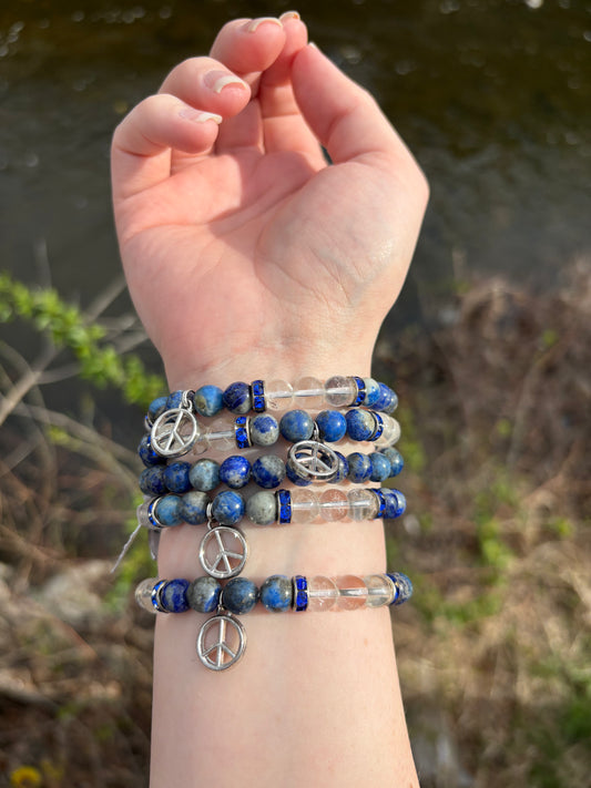 Lapis Lazuli and Clear Quartz Peace Sign Bracelet