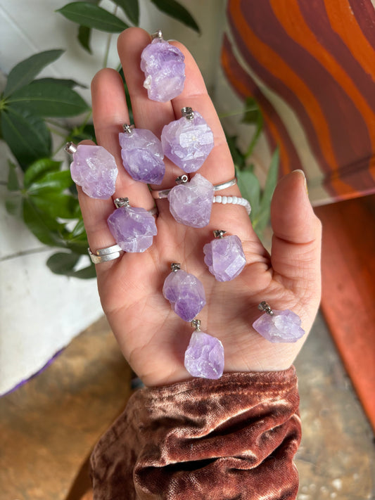 Unique Amethyst Flower Pendant with elestial crystal formations and violet hues