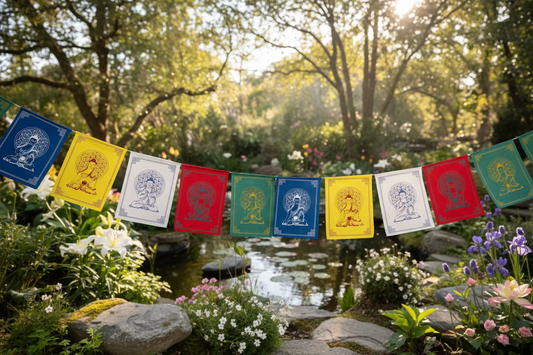 Colorful prayer flags hanging over a garden pond with trees and flowers in the background