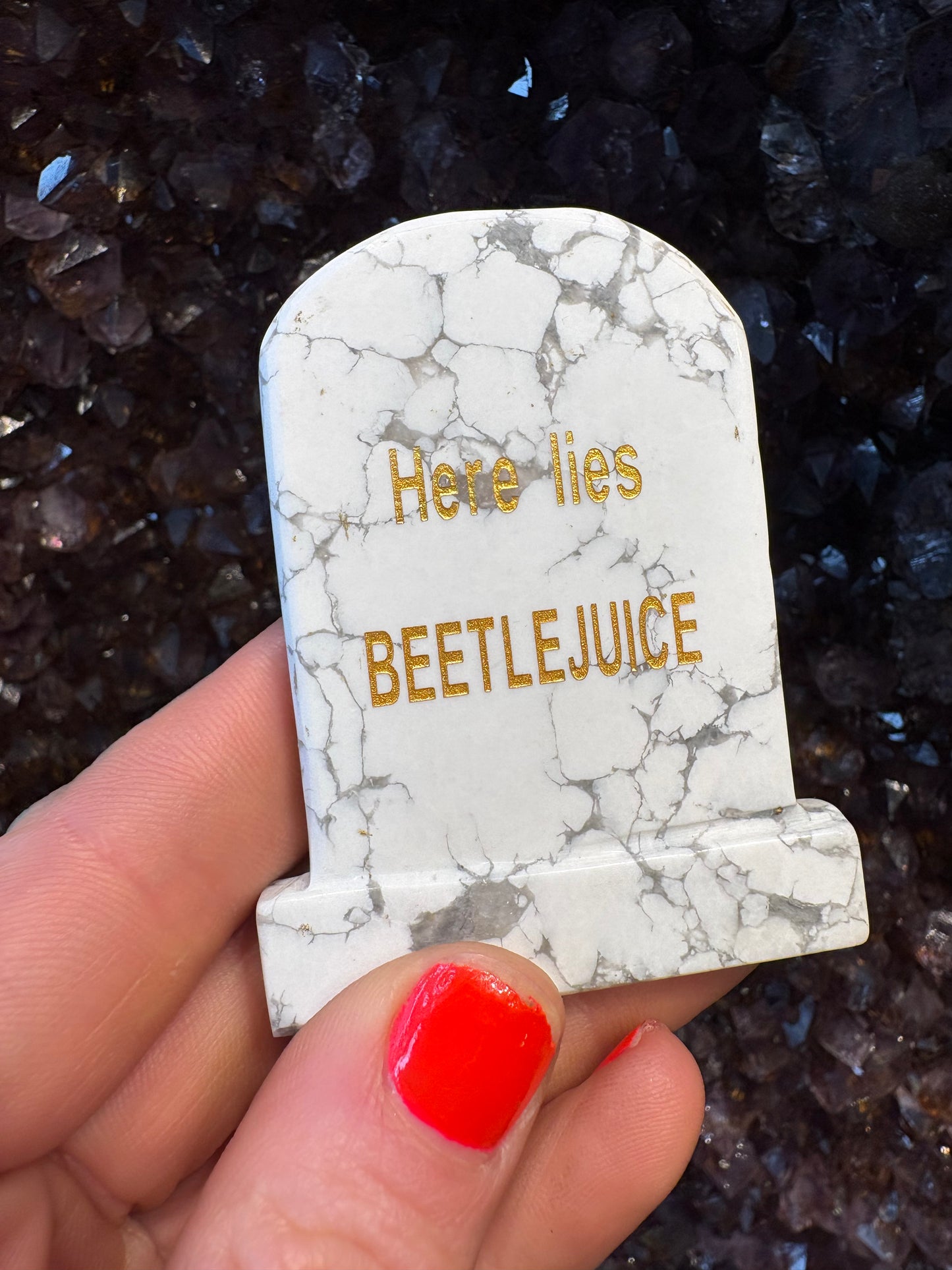 Howlite Tombstone Carving – Funny Crystal Gravestone “Here Lies My Last F*ck” & “Here Lies Beetlejuice” Gothic Decor