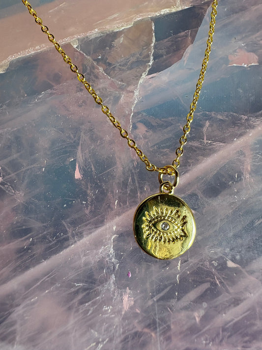 Evil Eye Gold Circle Necklace with Rhinestone