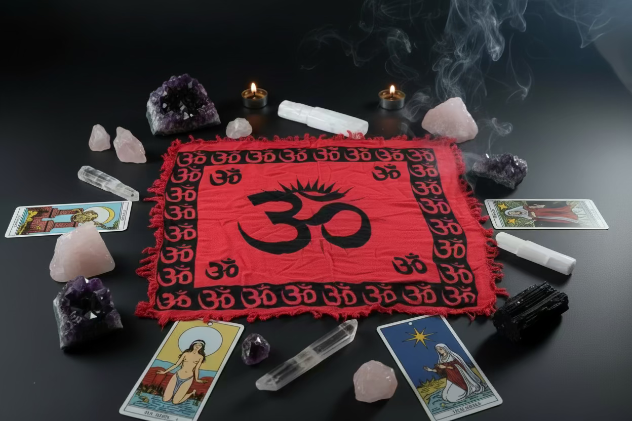 Red Altar Cloth with Tree of Life, Tripple Goddess, or Pentacle and Crescent Moon Symbol