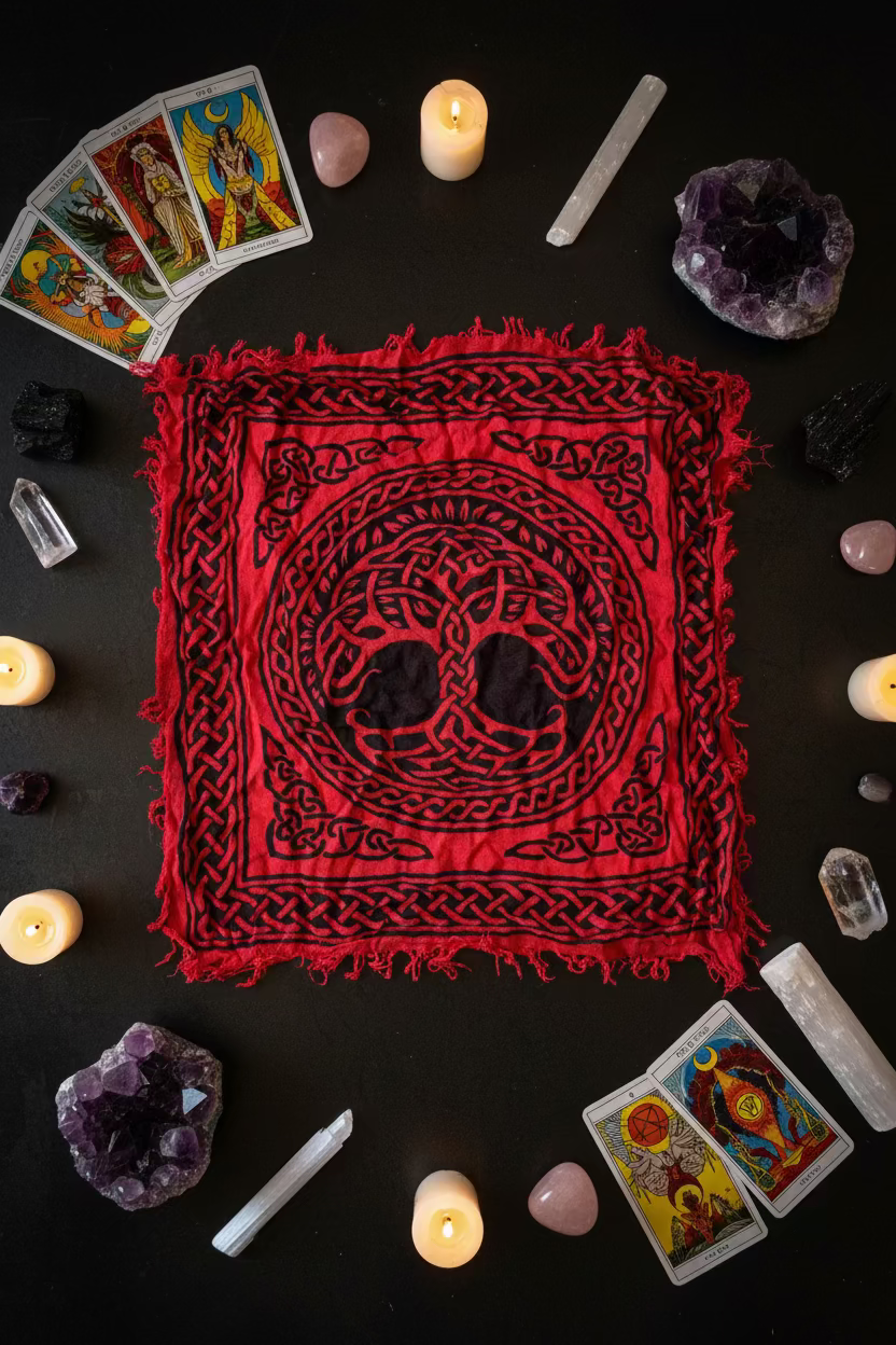 Red Altar Cloth with Tree of Life, Tripple Goddess, or Pentacle and Crescent Moon Symbol