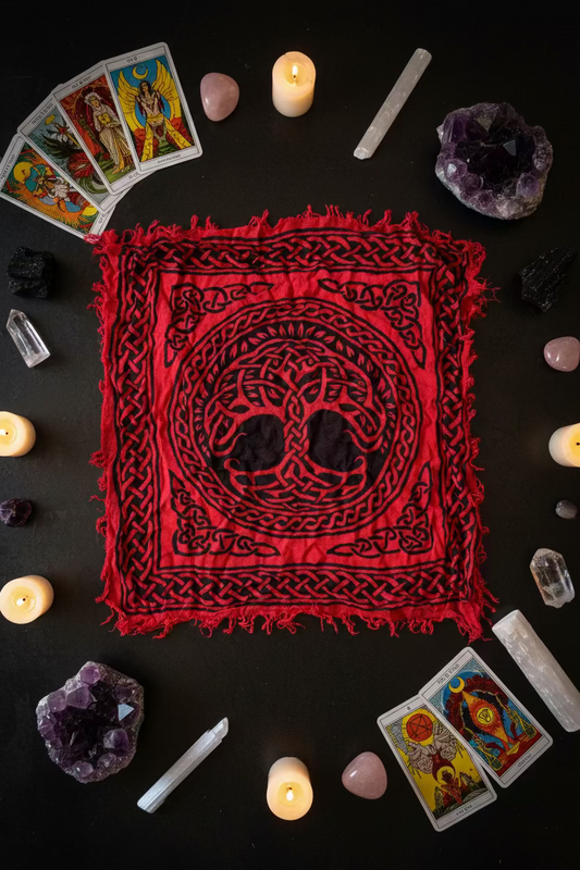 Red Altar Cloth with Tree of Life, Tripple Goddess, or Pentacle and Crescent Moon Symbol