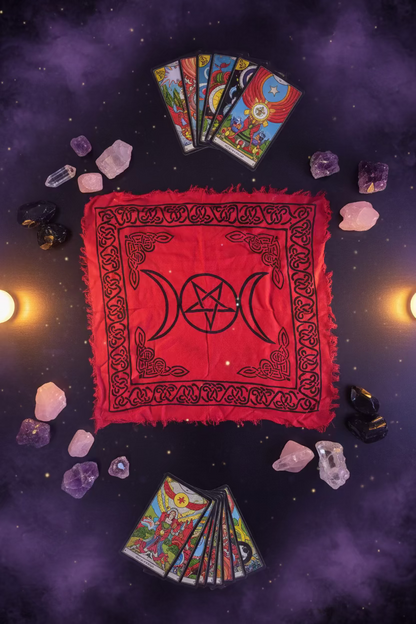 Red Altar Cloth with Tree of Life, Tripple Goddess, or Pentacle and Crescent Moon Symbol