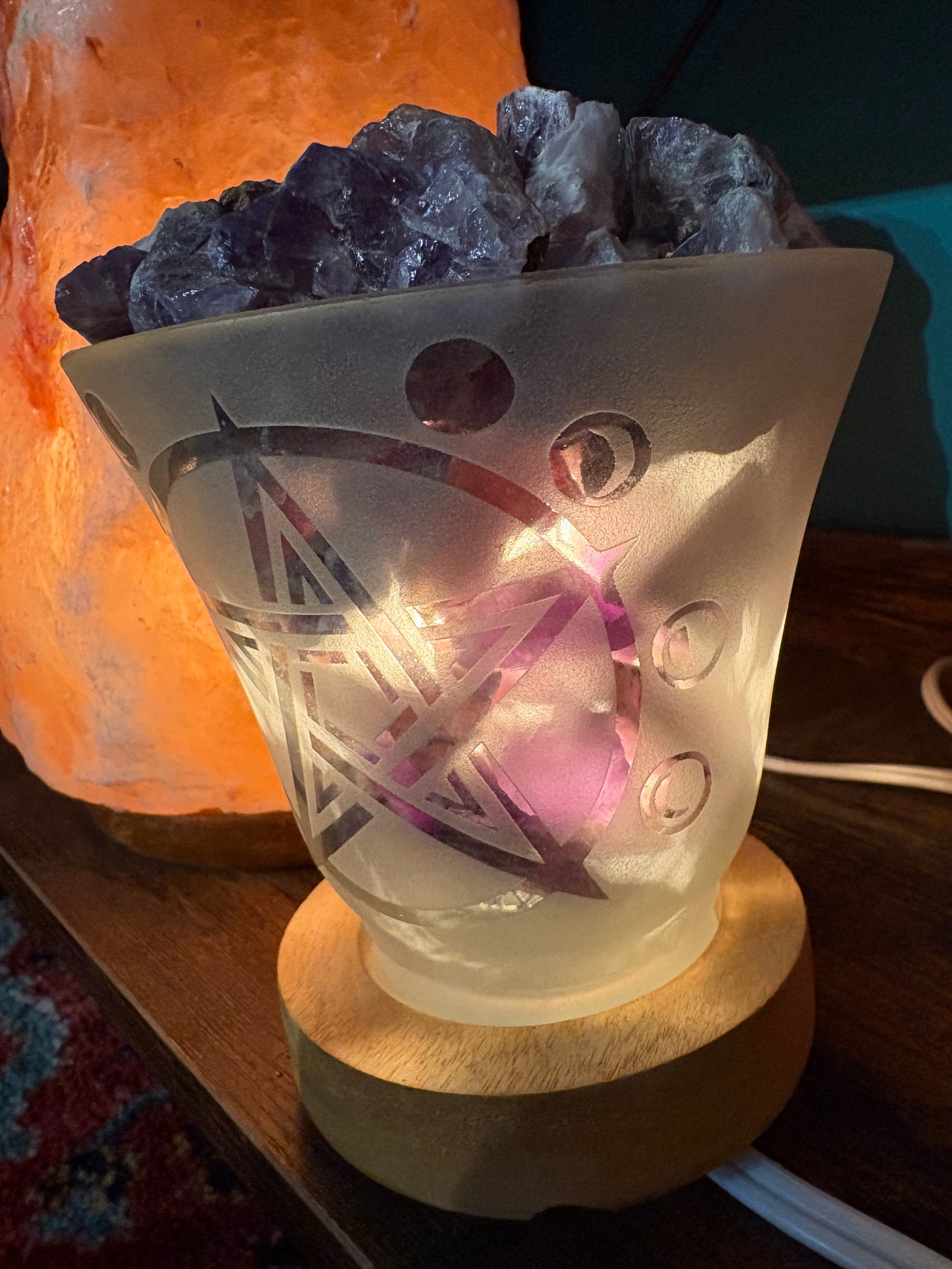Amethyst Crystal Lamp – Frosted Glass with Pentacle &amp; Moon Cycle Design