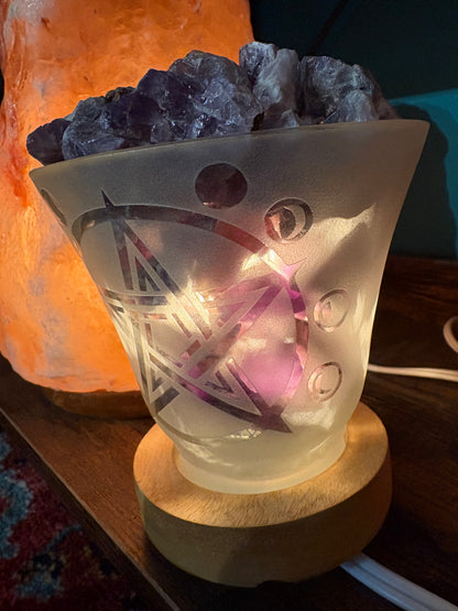Amethyst Crystal Lamp – Frosted Glass with Pentacle &amp; Moon Cycle Design