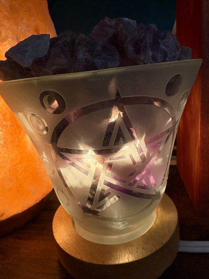 Amethyst Crystal Lamp – Frosted Glass with Pentacle &amp; Moon Cycle Design