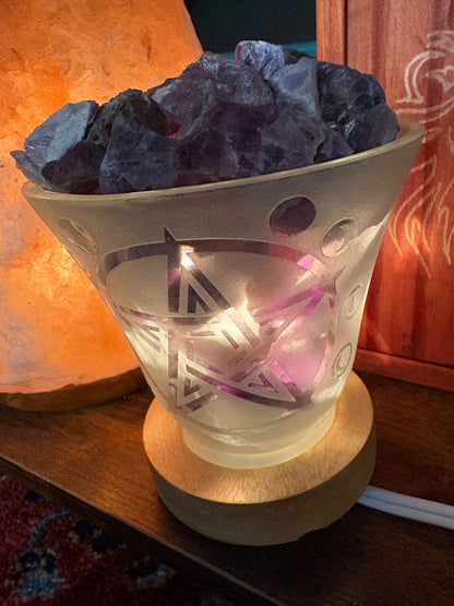 Amethyst Crystal Lamp – Frosted Glass with Pentacle &amp; Moon Cycle Design