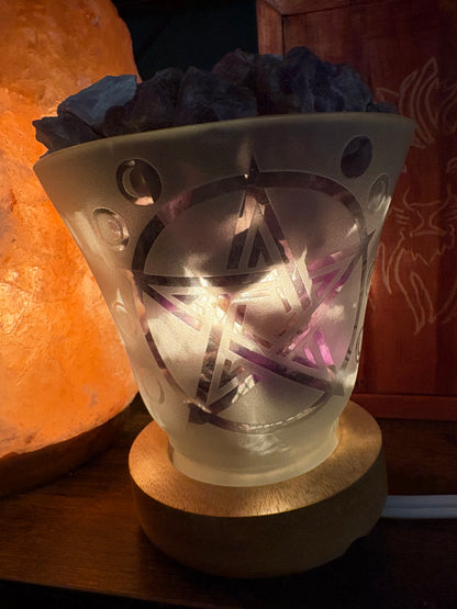 Amethyst Crystal Lamp – Frosted Glass with Pentacle &amp; Moon Cycle Design