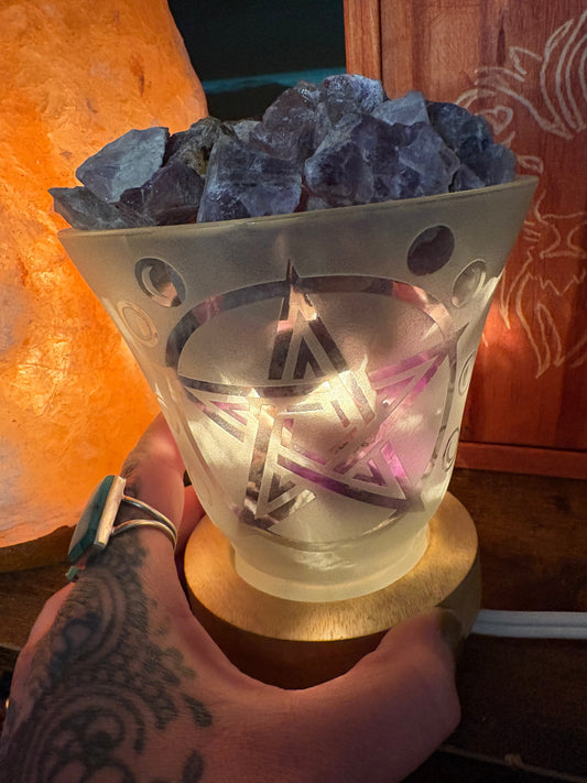 Amethyst lamp with frosted glass, pentacle and moon cycle design glowing with amethyst crystals