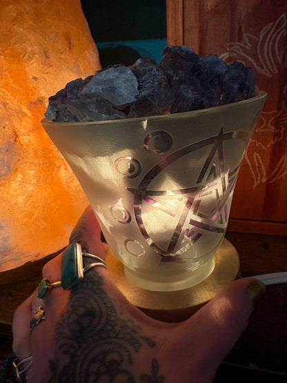 Amethyst Crystal Lamp – Frosted Glass with Pentacle &amp; Moon Cycle Design