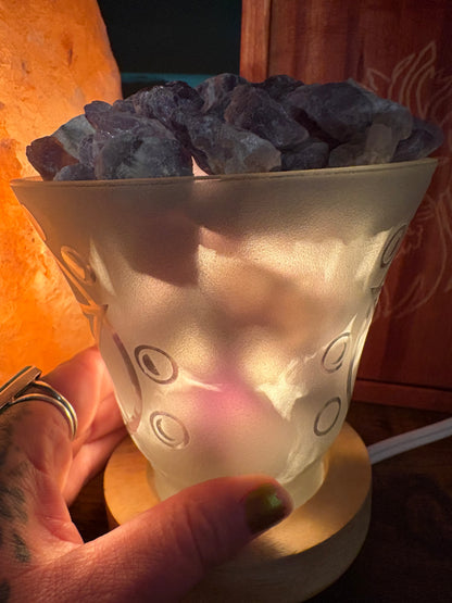 Amethyst Crystal Lamp – Frosted Glass with Pentacle &amp; Moon Cycle Design