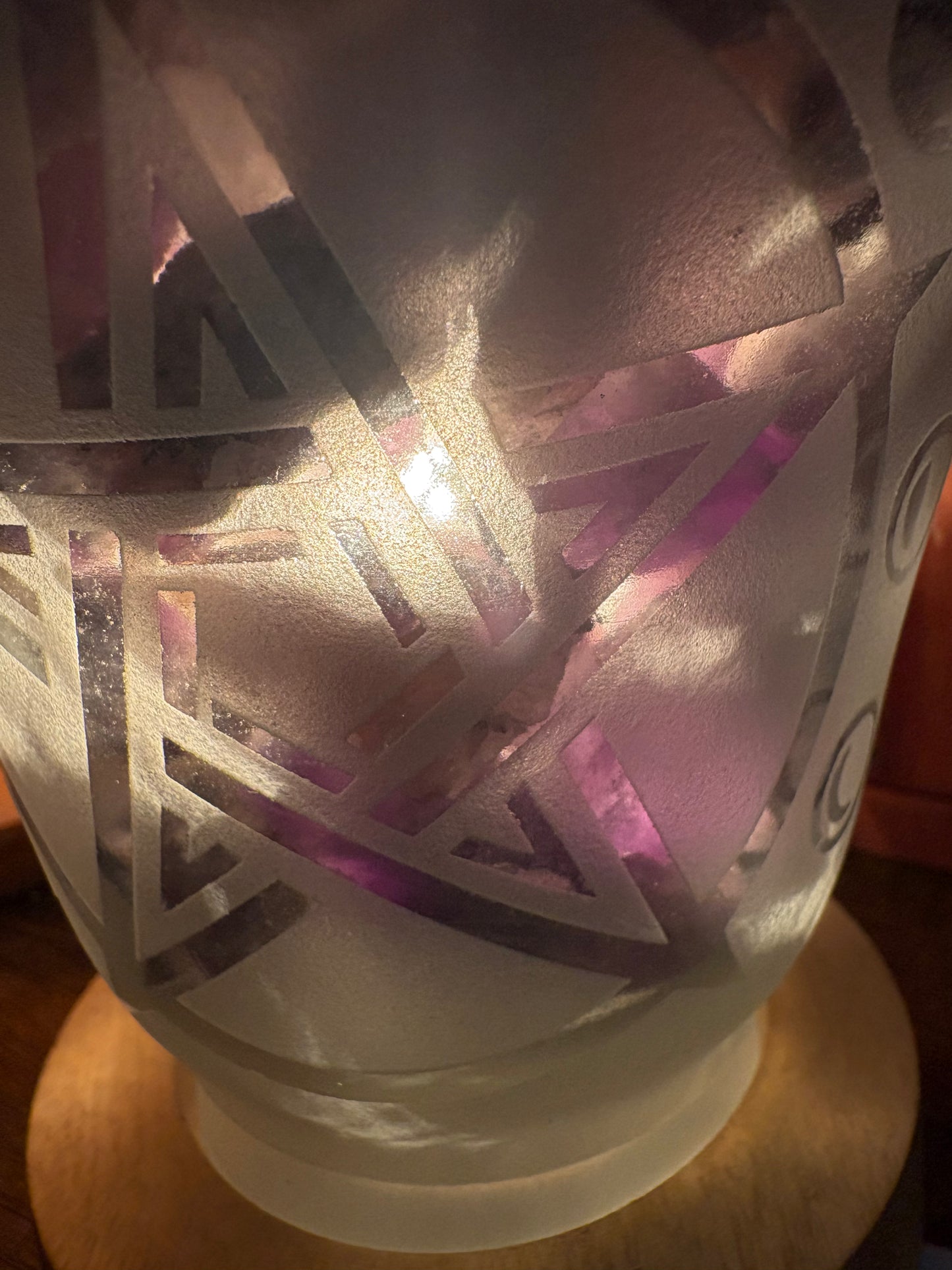 Amethyst Crystal Lamp – Frosted Glass with Pentacle &amp; Moon Cycle Design