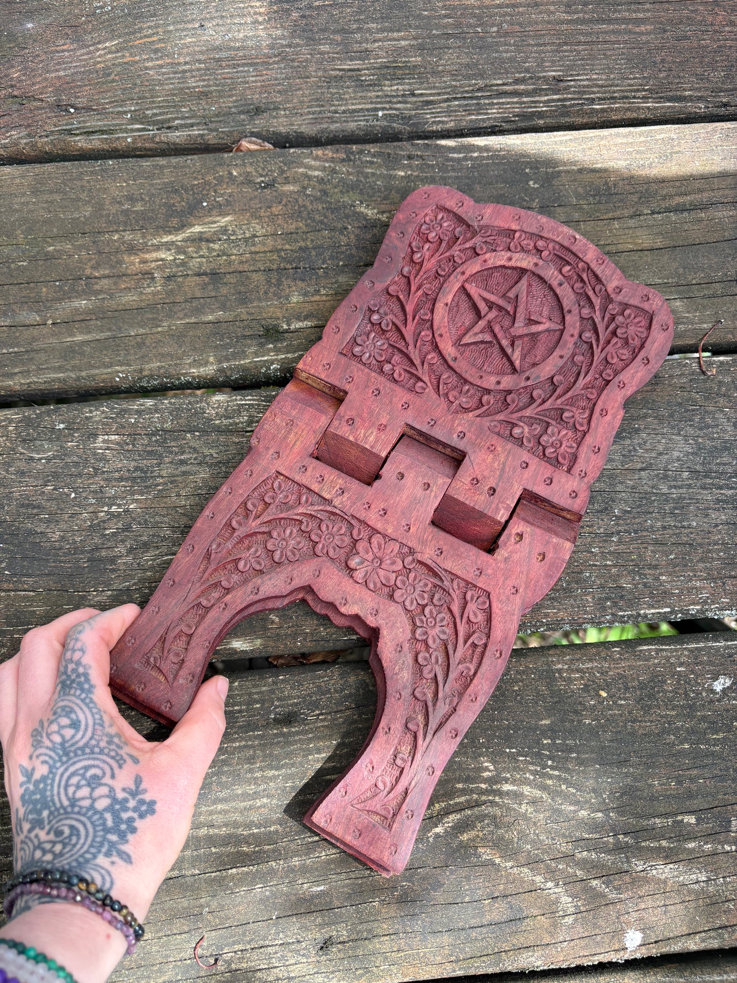 Ornate Pentacle Wooden Book Stand | Hand-Carved Altar & Grimoire Holder