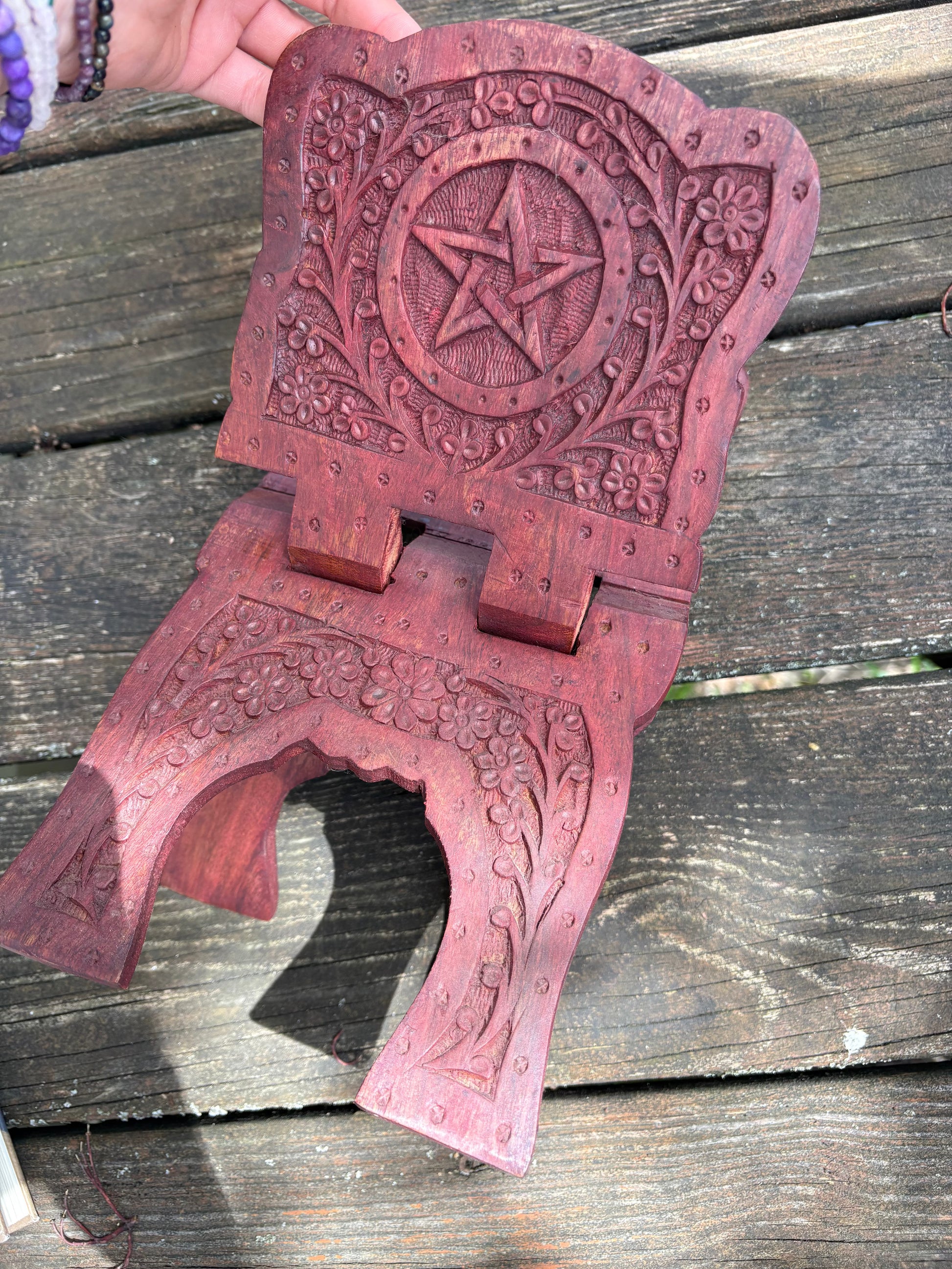 Hand-carved ornate pentacle wooden book stand with floral motifs for altar and spiritual use