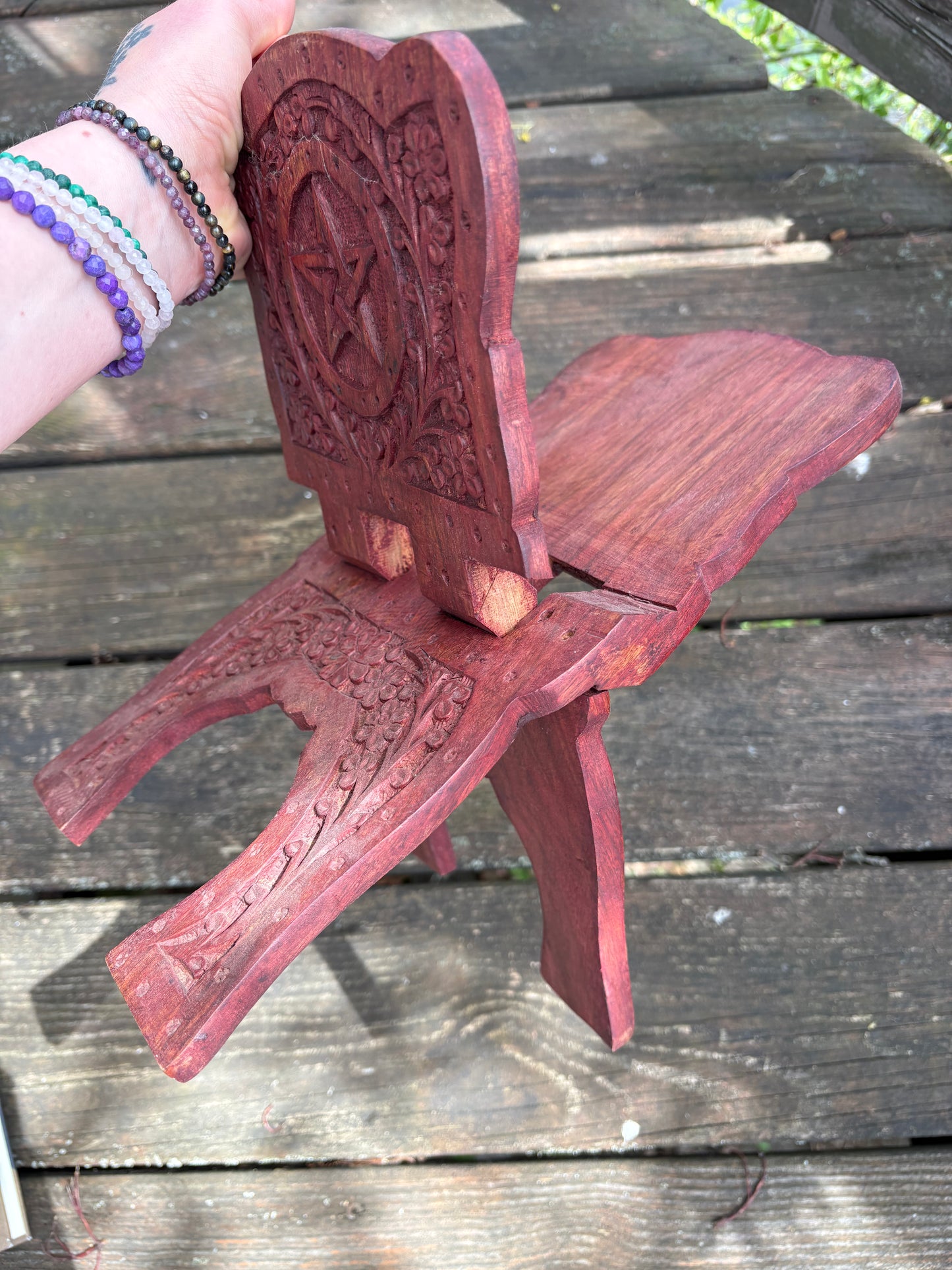 Ornate Pentacle Wooden Book Stand | Hand-Carved Altar & Grimoire Holder