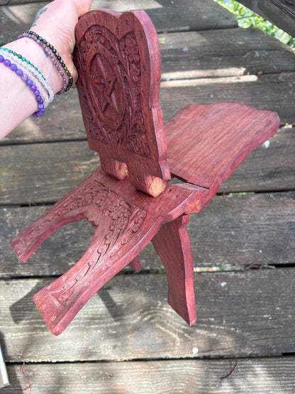 Ornate Pentacle Wooden Book Stand | Hand-Carved Altar & Grimoire Holder