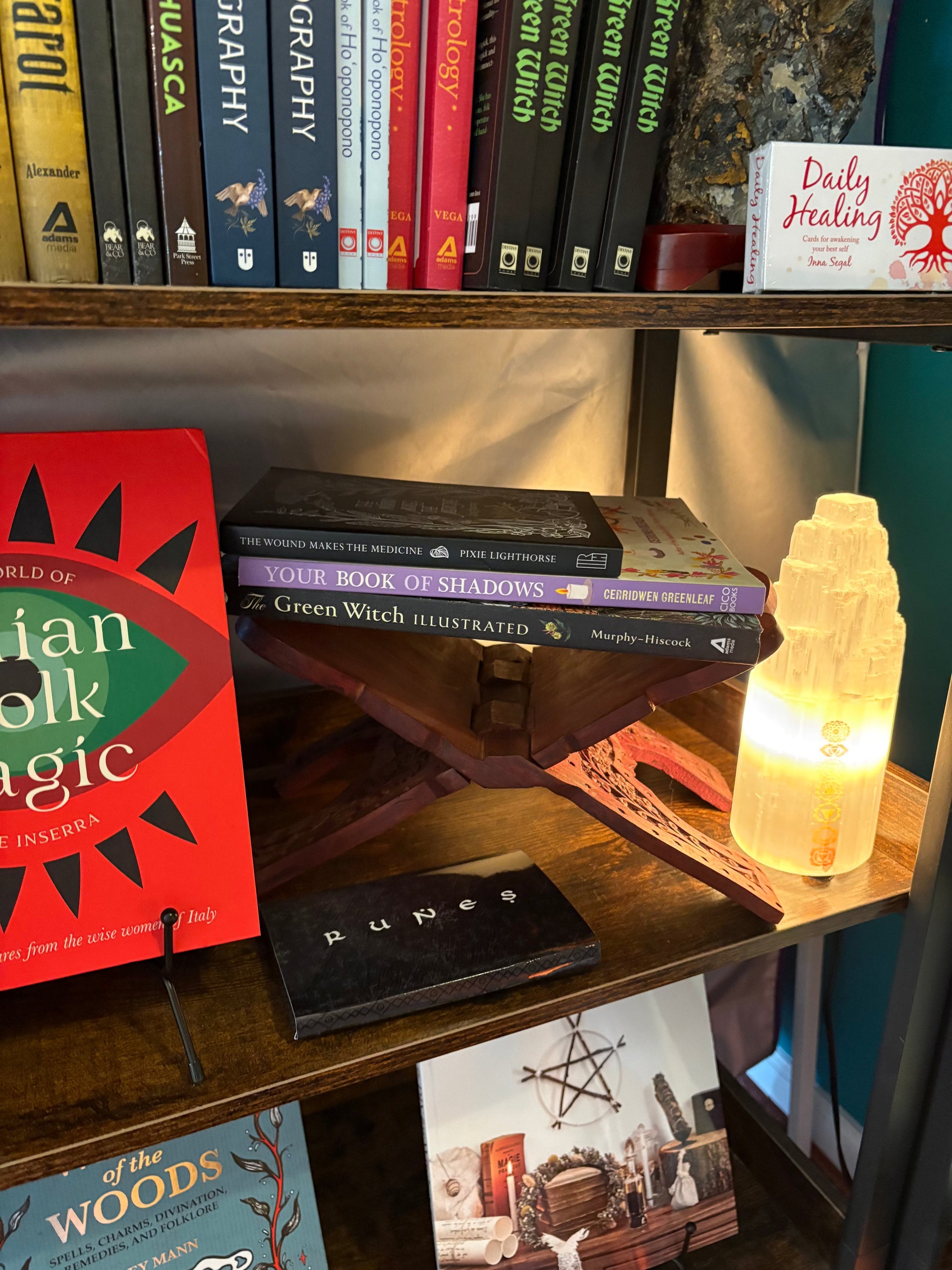 Hand-carved ornate pentacle wooden book stand with floral designs for altar and grimoire holding