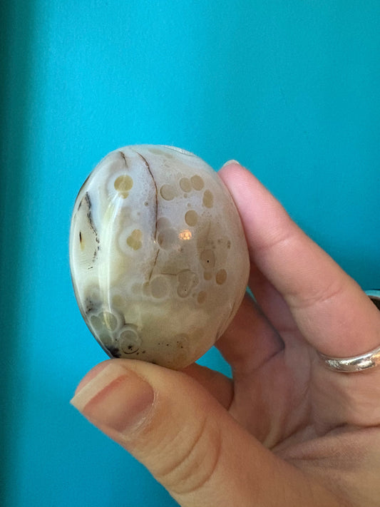 Hand holding a polished dendritic agate pebble with natural intricate patterns against a blue background