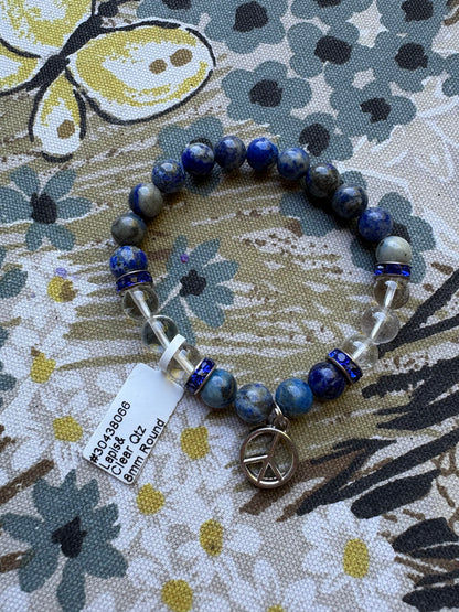 Lapis Lazuli and Clear Quartz Peace Sign Bracelet