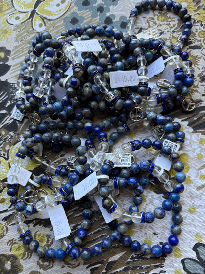 Lapis Lazuli and Clear Quartz Peace Sign Bracelet